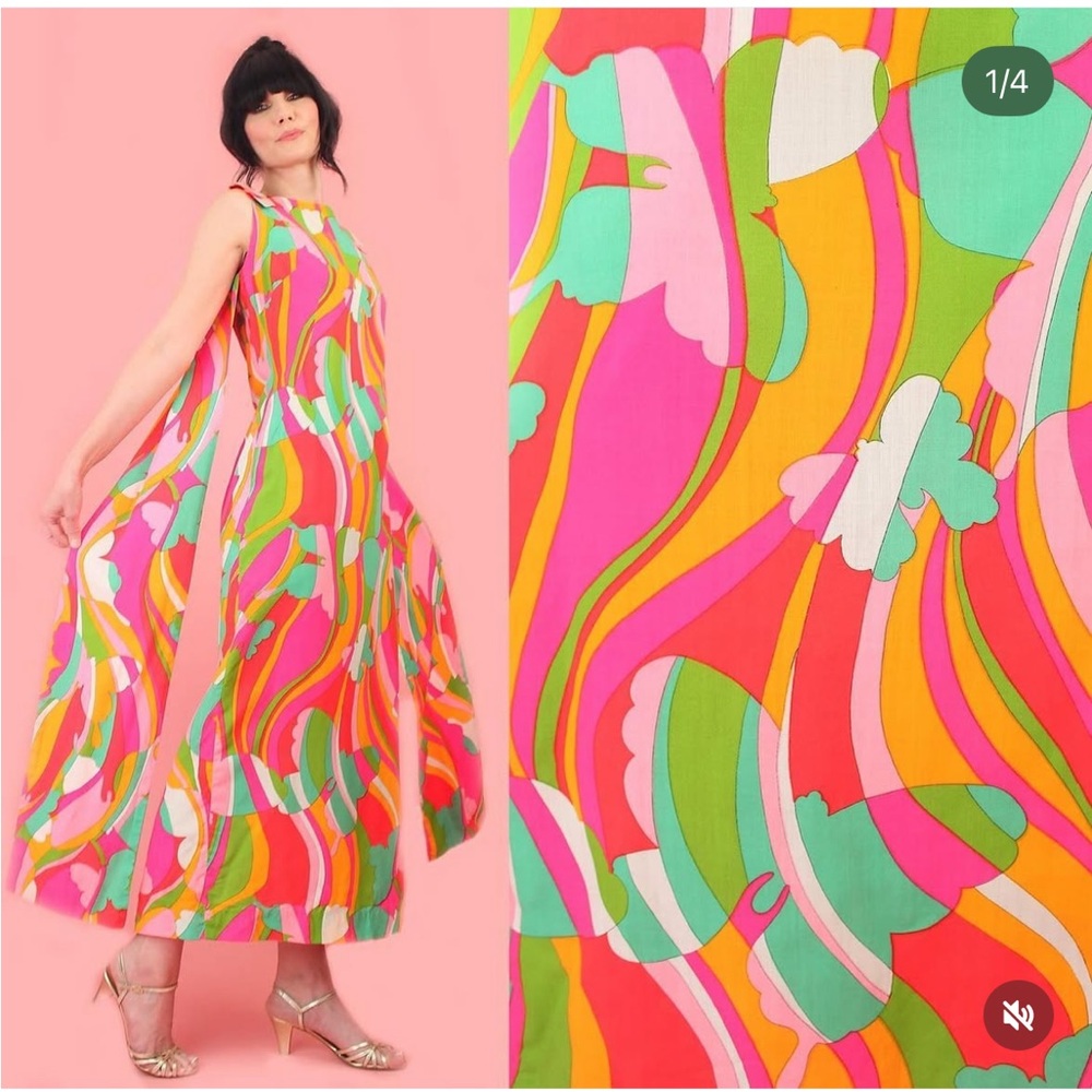 Vintage 1960s Psychedelic Butterfly Hawaiiana Cotton Dress